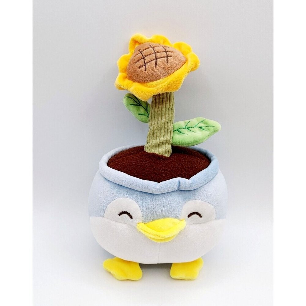 Miniso Blue Penguin Yellow Flower Pot Plush 10" Stuffed Animal
